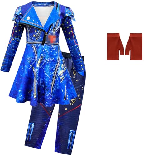 Windskids Evil Kostüm mit Handschuhen Mädchen Cosplay Nachkommen Evil Queen Langarm Druck Prinzessin Kleid und Hose Perücken für Halloween Karneval Party Geburtstag Maskerade Performance Verkleidung von Windskids