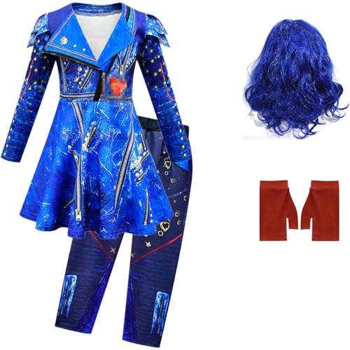 Windskids Evil Kostüm mit Handschuhen Mädchen Cosplay Nachkommen Evil Queen Langarm Druck Prinzessin Kleid und Hose Perücken für Halloween Karneval Party Geburtstag Maskerade Performance Verkleidung von Windskids