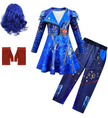 Windskids Evil Kostüm mit Handschuhen Mädchen Cosplay Nachkommen Evil Queen Langarm Druck Prinzessin Kleid und Hose Perücken für Halloween Karneval Party Geburtstag Maskerade Performance Verkleidung von Windskids