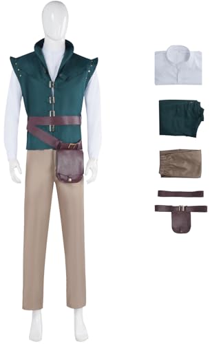 Windskids Flynn Rider Kostüm Herren Cosplay Rapunzel Flynn Rider Komplett Ritter Uniform Weste und Hemd Hose mit Gürteltasche Anzug für Halloween Karneval Party Maskerade Performance Verkleidung von Windskids