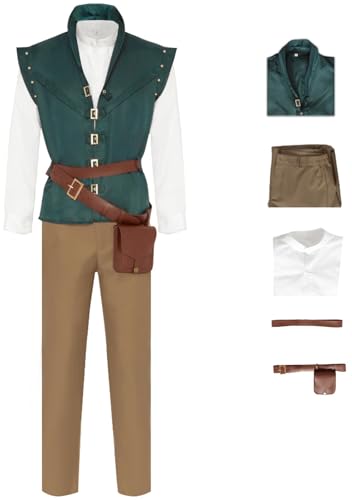 Windskids Flynn Rider Kostüm Herren Fasching Cosplay Rapunzel Flynn Rider Komplettset Ritter Uniform mit Gürteltasche Anzug für Halloween Karneval Geburtstag Party Maskerade Performance Verkleidung von Windskids