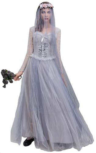 Windskids Geisterbraut Cosplay Kostüm Damen Fasching Verkleidung Geist Zombie Vampir Braut Gothic Vintage Lange Tüll Hochzeit Ballkleid mit Tiara Halloween Karneval Party Fest Maskerade Kostüm von Windskids