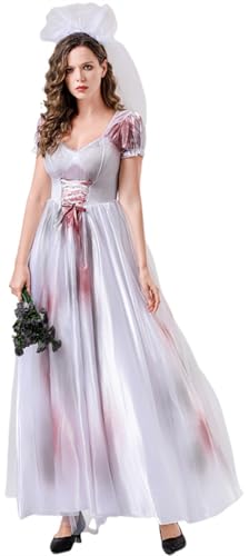 Windskids Geisterbraut Cosplay Kostüm Damen Fasching Verkleidung Geist Zombie Vampir Braut Vintage Blut Lange Hochzeit Ballkleid mit Tiara Halloween Karneval Party Fest Maskerade Kostüm von Windskids