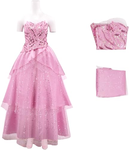 Windskids Glinda Kostüm Damen Cosplay Wicked Glinda Glitzer Fee Maxi Abendkleider Rosa Top und Rock Anzug für Halloween Karneval Geburtstag Party Maskerade Performance Festkleider Verkleidung von Windskids