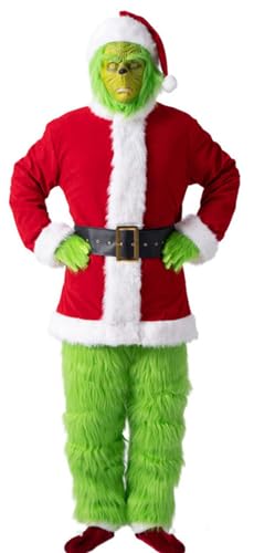 Windskids Grinch Kostüm mit Maske Erwachsene Cosplay ChristmasGrinch Santa Claus Plüsch Outfit und Zubehör für Halloween Weihnachten Karneval Geburtstag Party Maskerade Performance Verkleidung von Windskids