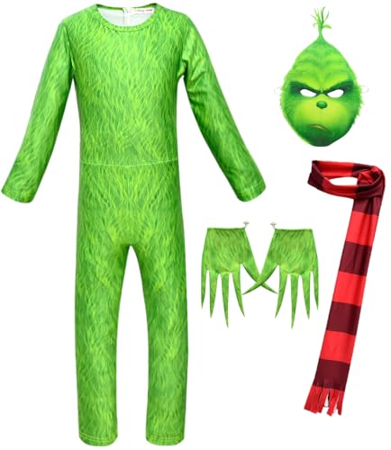 Windskids Grinch Kostüm mit Maske Kinder Fasching Christmas Grinch Drucke Jumpsuits und Handschuhe Schal Anzug 4 Stück für Halloween Weihnachten Karneval Party Geburtstag Maskerade Verkleidung von Windskids