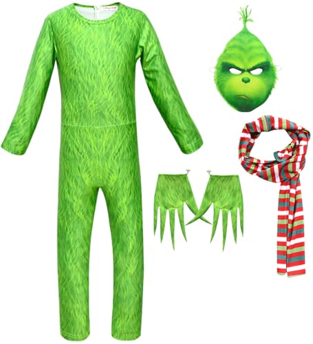 Windskids Grinch Kostüm mit Maske Kinder Fasching Christmas Grinch Drucke Jumpsuits und Handschuhe Schal Anzug 4 Stück für Halloween Weihnachten Karneval Party Geburtstag Maskerade Verkleidung von Windskids