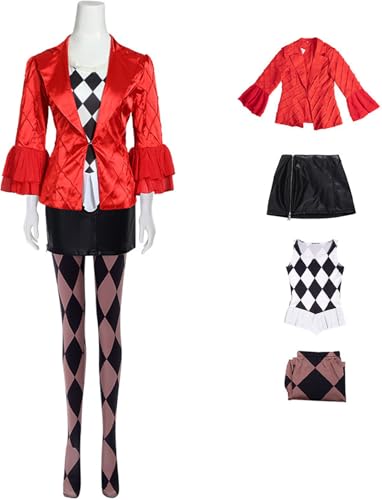 Windskids Harley Gaga Kostüm Damen Fasching Cosplay Movie Clown 2 Harley Gaga Gothic Vintage Jacke und Top Rock Socken Anzug 4 Stück für Halloween Karneval Party Maskerade Performance Verkleidung, Rot von Windskids