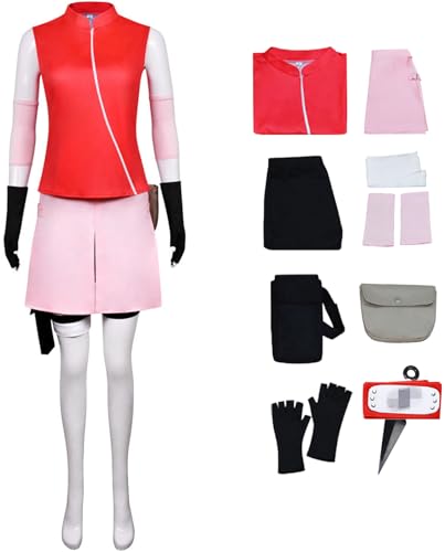 Windskids Haruno Kostüm Damen Cosplay Ninja Komplett Uniform con Stirnband Zubehör für Fancy Dress Up Halloween Karneval Party Geburtstag Maskerade Anime Performance Sakura Verkleidung, Rosa von Windskids