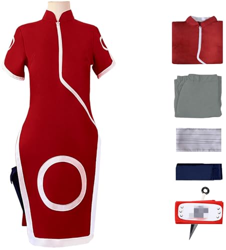 Windskids Haruno Kostüm Damen Cosplay Ninja Uniform Cheongsam Hose Tasche Stirnband Set für Fancy Dress Up Halloween Karneval Party Geburtstag Maskerade Anime Performance Sakura Verkleidung, Rot Windskids Haruno Kostüm Damen Cosplay Ninja Uniform Cheongsam Hose Tasche Stirnband Set für Fancy Dress Up Halloween Karneval Party Geburtstag Maskerade Anime Performance Sakura Verkleidung, Rot von Windskids
