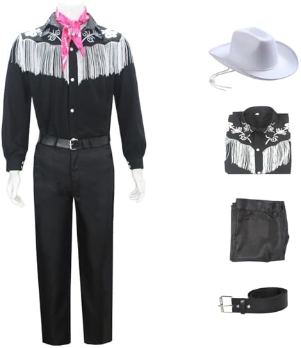 Windskids Herren Ken Kostüm Vintage Hippie Disco Rock Cowboys Top Hose Gürtel Hut Set für Halloween Karneval Party Geburtstag Maskerade Performance Verkleidung, Schwarz von Windskids