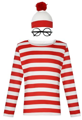 Windskids Herren Rot-weiß Gestreiftes T-Shirt mit Brille und Hut Anzug 3 Stück für Cosplay Halloween Weihnachten Karneval Party Maskerade Verkleidung Performance Costume von Windskids