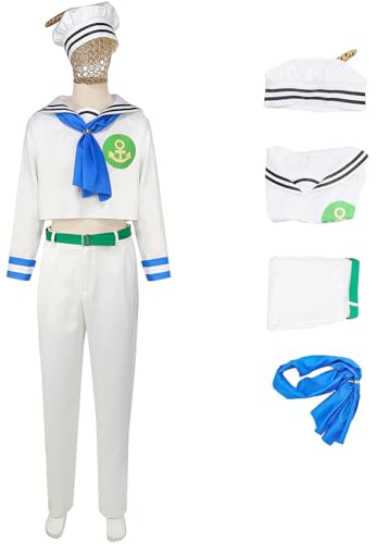 Windskids Josuke Kostüm Herren Cosplay Anime Higashikata Josuke Komplett Matrosenuniform Top und Hose Halstuch Hut Anzug für Halloween Karneval Geburtstag Party Maskerade Performance Verkleidung, Weiß von Windskids