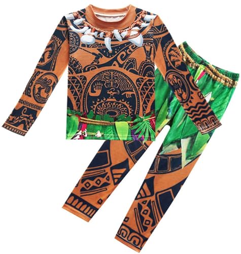 Windskids Jungen Maui Kostüm Fasching Cosplay Moanna Halbgott Maui Drucke Top und Hose Loungewear Pyjamas für Kinder Halloween Karneval Party Geburtstag Maskerade Performance Verkleidung, 3-10 Jahre von Windskids