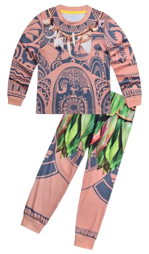 Windskids Jungen Maui Kostüm Fasching Cosplay Moanna Halbgott Maui Drucke Top und Hose Loungewear Pyjamas für Kinder Halloween Karneval Party Geburtstag Maskerade Performance Verkleidung, 4-9 Jahre von Windskids