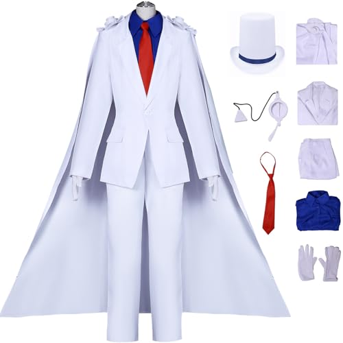 Windskids Kaitou Kid Kostüm mit Hut Herren Cosplay Anime Phantom Thief Kid Deluxe Komplett Uniform und Umhang Brille Anzug 8 Stück für Halloween Karneval Party Maskerade Performance Verkleidung, Weiß von Windskids