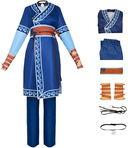 Windskids Katara Kostüm Damen Cosplay Anime Avatar Katara Kung Fu Komplett Uniform mit Halskette für Halloween Karneval Party Geburtstag Maskerade Performance Verkleidung, Blau von Windskids