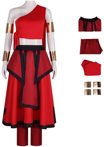 Windskids Katara Kostüm Damen Cosplay Avatar Katara Kung Fu Uniformen Anzug Top und Rock Hose mit Handschützer Anzug 4 Stück für Halloween Karneval Party Maskerade Performance Verkleidung, Rot von Windskids