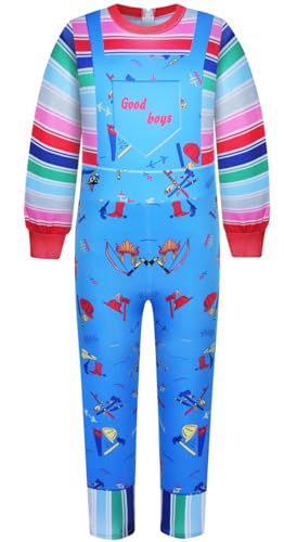 Windskids Kinder Chucky Kostüm Fasching Cosplay Puppen Chucky Druck Langarm Jumpsuit für Fancy Dress Up Halloween Karneval Party Geburtstag Maskerade Verkleidung, 2-16 Jahre von Windskids