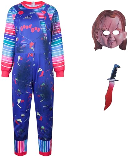 Windskids Kinder Chucky Kostüm Fasching Cosplay Puppen Chucky Druck Langarm Jumpsuit mit Masken Requisiten für Fancy Dress Up Halloween Karneval Party Geburtstag Maskerade Verkleidung, 5-12 Jahre von Windskids