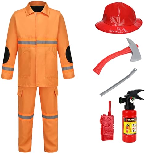 Windskids Kinder Feuerwehrmann Kostüm Jungen Fasching Cosplay Langarm Top Hose mit Brandbekämpfung Zubehör Set für Halloween Weihnachten Karneval Party Geburtstag Performance Verkleidung, 3-12 Jahre von Windskids