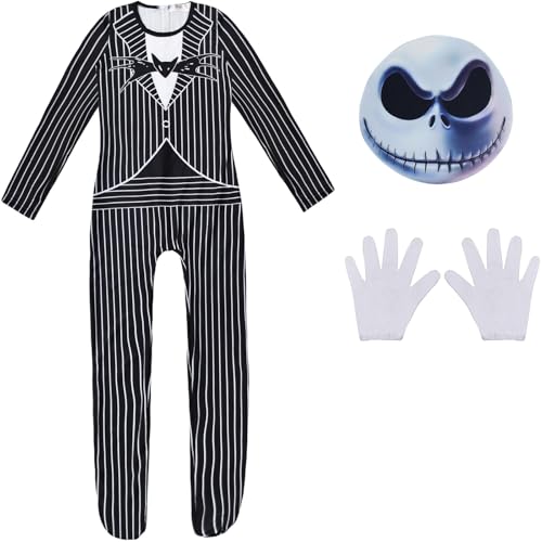 Windskids Kinder Jack Skellington Kostüm Fasching Cosplay Jack Skellington Streifen Langarm Jumpsuit Maske Handschuhe für Halloween Karneval Party Geburtstag Maskerade Verkleidung, 5-13 Jahre von Windskids