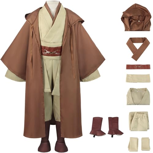 Windskids Kinder Jedi Kostüm Fasching Cosplay Planet Krieg Jedi Obi Wan Kenobi Komplett Uniform mit Zubehör Set für Fancy Dress Up Halloween Karneval Party Geburtstag Performance Verkleidung, Braun von Windskids