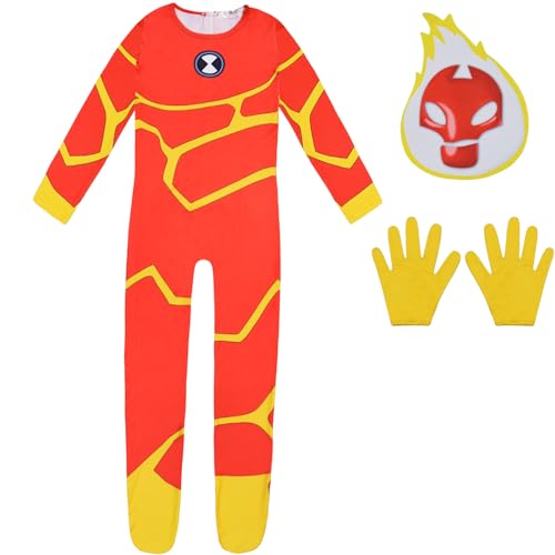 Windskids Kinder Jungen Cosplay Aliens Heatblast Kostüm Druck Langarm Jumpsuit Maske Handschuhe für Fancy Dress Up Halloween Karneval Party Geburtstag Maskerade Verkleidung, Rot von Windskids