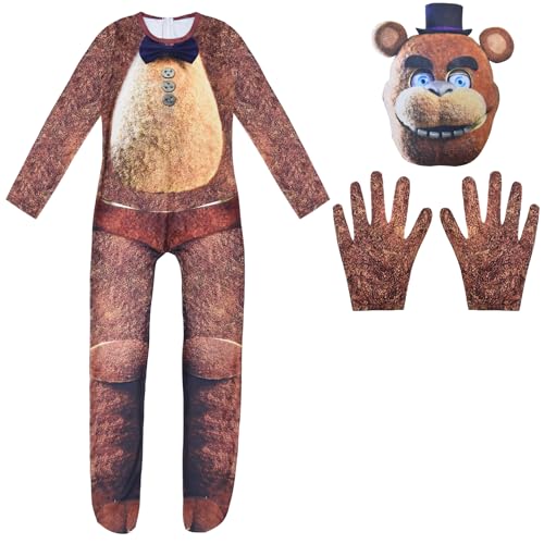 Windskids Kinder Kostüm Jungen Mädchen Fasching Cosplay Game Freddy Montgomery Gator Bonnie Blob Glamrock Chica Jumpsuit Maske Handschuhe für Halloween Karneval Party Maskerade Verkleidung 5-13 Jahre von Windskids