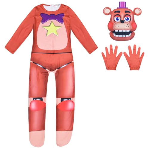 Windskids Kinder Kostüm Jungen Mädchen Fasching Cosplay Game Freddy Montgomery Gator Bonnie Blob Glamrock Chica Jumpsuit Maske Handschuhe für Halloween Karneval Party Maskerade Verkleidung 5-13 Jahre von Windskids