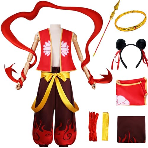 Windskids Kinder Nezha Kostüm Fasching Cosplay Mytho Ne Zha Deluxe Komplett Uniform mit Stirnband Red Armillary Sash Universe Ring Set für Halloween Karneval Party Geburtstag Performance Verkleidung von Windskids