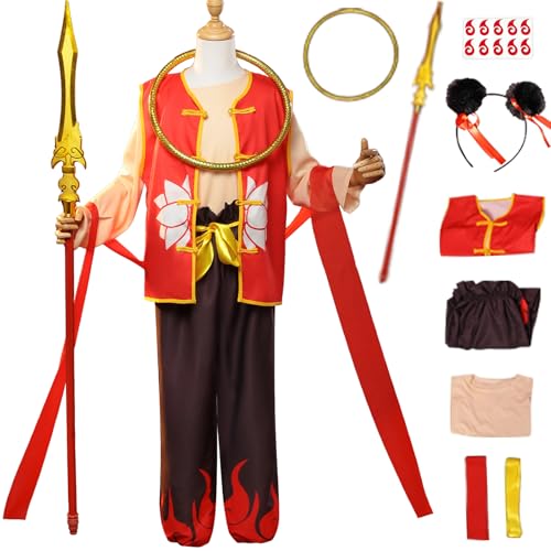 Windskids Kinder Nezha Kostüm Fasching Cosplay Mytho Ne Zha Komplett Uniform mit Stirnband Red Armillary Sash Universe Ring Aufkleber Set 9 Stück für Halloween Karneval Party Performance Verkleidung von Windskids