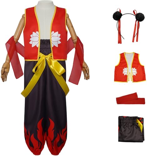 Windskids Kinder Nezha Kostüm Fasching Cosplay Mytho Ne Zha Uniform Top Hose Stirnband Red Armillary Sash Set 4 Stück für Halloween Karneval Party Geburtstag Maskerade Performance Verkleidung, Rot von Windskids