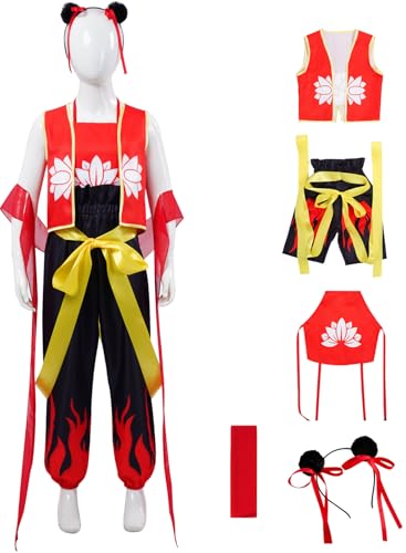 Windskids Kinder Nezha Kostüm Fasching Cosplay Ne Zha Uniform Top Lätzchen Hose Stirnband Red Armillary Sash Set 5 Stück für Halloween Karneval Party Geburtstag Maskerade Anime Performance Verkleidung von Windskids