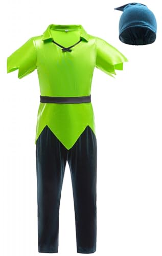 Windskids Kinder Peter Pan Kostüm Grün Druck Top und Hose Hut Set für Fancy Dress Up Halloween Karneval Party Geburtstag Maskerade Verkleidung, 1-9 Jahre von Windskids