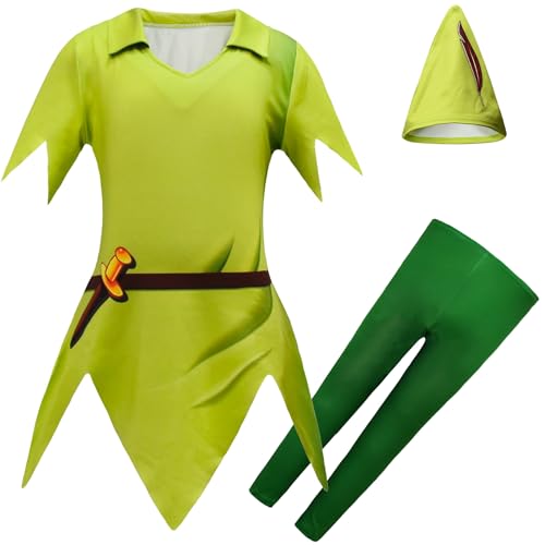 Windskids Kinder Peter Pan Kostüm Grün Druck Top und Hose Hut Set für Fancy Dress Up Halloween Karneval Party Geburtstag Maskerade Verkleidung, 4-11 Jahre von Windskids