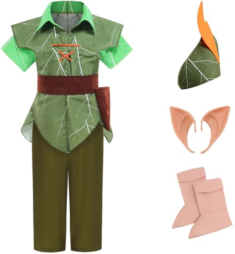 Windskids Kinder Peter-Pan Kostüm Jungen Fasching Cosplay Peter-Pan Elfen Laub Kleidung mit Hut Elfenohren Set für Halloween Weihnachten Karneval Party Geburtstag Performance Verkleidung, 3-12 Jahre von Windskids