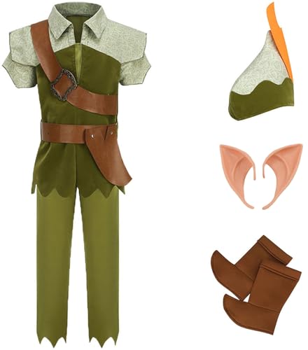 Windskids Kinder Peter-Pan Kostüm Jungen Fasching Peter-Pan Elfen Kleidung mit Hut Elfenohren Set 6 Stück für Halloween Weihnachten Karneval Party Geburtstag Performance Verkleidung, 3-12 Jahre von Windskids