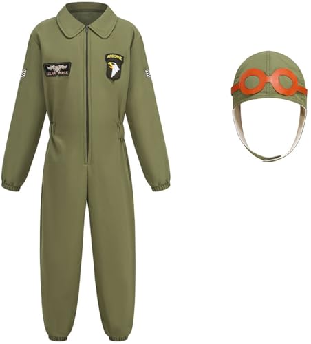 Windskids Kinder Pilot Kostüm Jungen Fasching Luftwaffe Piloten Fluganzug Jumpsuit mit Hut Brille Set für Halloween Weihnachten Karneval Party Geburtstag Performance Verkleidung, 3-12 Jahre von Windskids