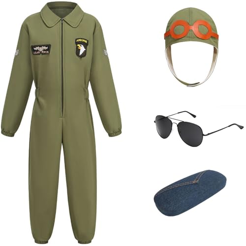 Windskids Kinder Pilot Kostüm Jungen Fasching Luftwaffe Piloten Fluganzug Jumpsuit mit Hut Brille Set für Halloween Weihnachten Karneval Party Geburtstag Performance Verkleidung, 3-12 Jahre von Windskids