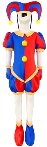 Windskids Kinder Pomni Kostüm Fasching Cosplay Game Zirku Clown Pomni Druck Jumpsuit mit Hut Handschuhe Schuhe Set für Unisex Fancy Dress Up Halloween Karneval Party Geburtstag Maskerade Verkleidung von Windskids