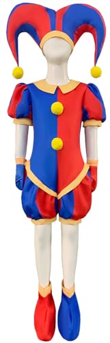 Windskids Kinder Pomni Kostüm Fasching Cosplay Game Zirku Clown Pomni Druck Jumpsuit mit Hut Handschuhe Schuhe Set für Unisex Fancy Dress Up Halloween Karneval Party Geburtstag Maskerade Verkleidung von Windskids