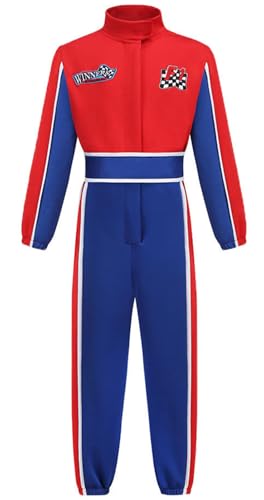 Windskids Kinder Rennfahrer Kostüm Jungen Fasching Rot Blau Rennfahrer Rennanzug Jumpsuit mit Hut Brille Set für Halloween Weihnachten Karneval Party Geburtstag Performance Verkleidung, 3-12 Jahre von Windskids