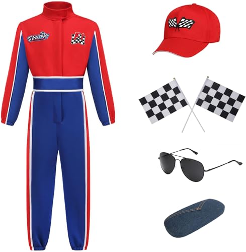 Windskids Kinder Rennfahrer Kostüm Jungen Fasching Rot Blau Rennfahrer Rennanzug Jumpsuit mit Hut Brille Set für Halloween Weihnachten Karneval Party Geburtstag Performance Verkleidung, 3-12 Jahre von Windskids