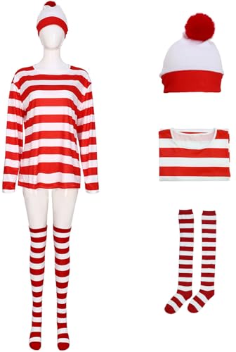 Windskids Kinder Wally Kostüm Rot Weiß Streifen T-Shirt und Hut Socken Set für Unisex Fancy Dress Up Halloween Weihnachten Karneval Party Geburtstag Maskerade Verkleidung von Windskids