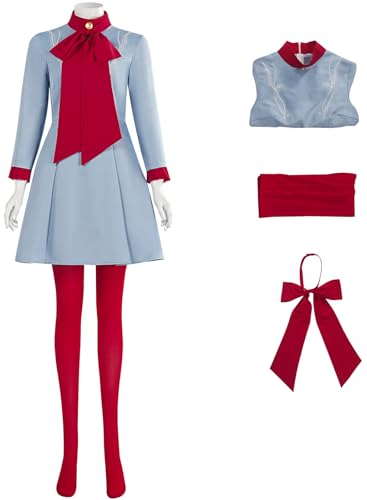 Windskids Lady Kostüm Damen Cosplay Die with A Smile Gaga Blau Rot Vintage Stil Outfit Kleid mit Fliege Socken Anzug 3 Stück für Halloween Karneval Party Geburtstag Maskerade Performance Verkleidung von Windskids