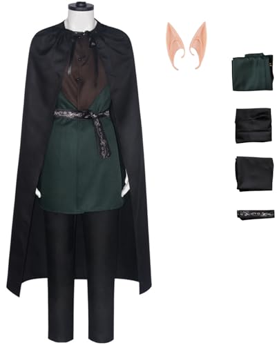 Windskids Legolas Kostüm mit Elfenohren Herren Cosplay Elf Prinz Legolas Greenleaf Komplett Uniform Umhang und Top Hose Gürtel Anzug für Halloween Karneval Party Maskerade Performance Verkleidung von Windskids