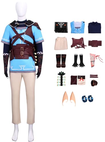 Windskids Link Kostüm Herren Cosplay Zelda Game Link Komplett Uniform mit Elfenohren Ohrringe und Zubehör Anzug für Halloween Karneval Geburtstag Party Maskerade Performance Verkleidung von Windskids