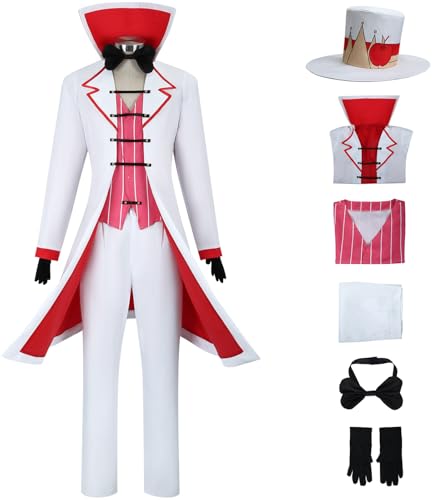 Windskids Lucifer Kostüm Herren Cosplay Hazbin Hotel King of Hell Lucifer Morningstar Smoking Uniform mit Handschuhe und Hut für Halloween Karneval Party Maskerade Anime Performance Verkleidung, Weiß von Windskids