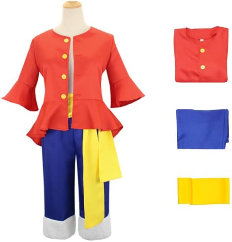 Windskids Luffy Kostüm Herren Cosplay Anime Piraten Könige Four Emperors Luffy Uniform Top Hose Gürtel Set für Halloween Karneval Party Geburtstag Maskerade Comic Con Performance Verkleidung von Windskids